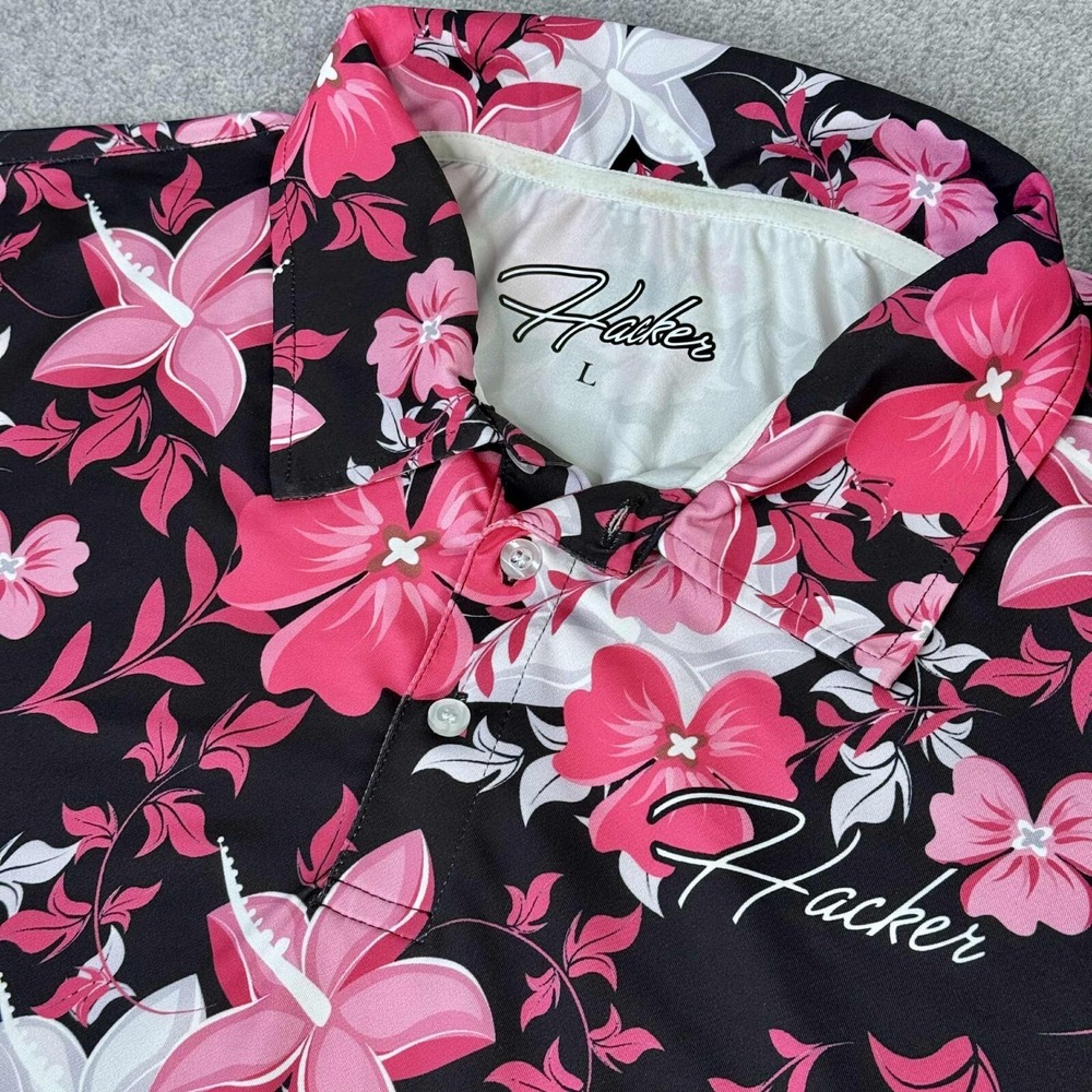 Hacker Men's Size Large‎ Button Up Hawaiian All over Floral Polo Shirt Resort